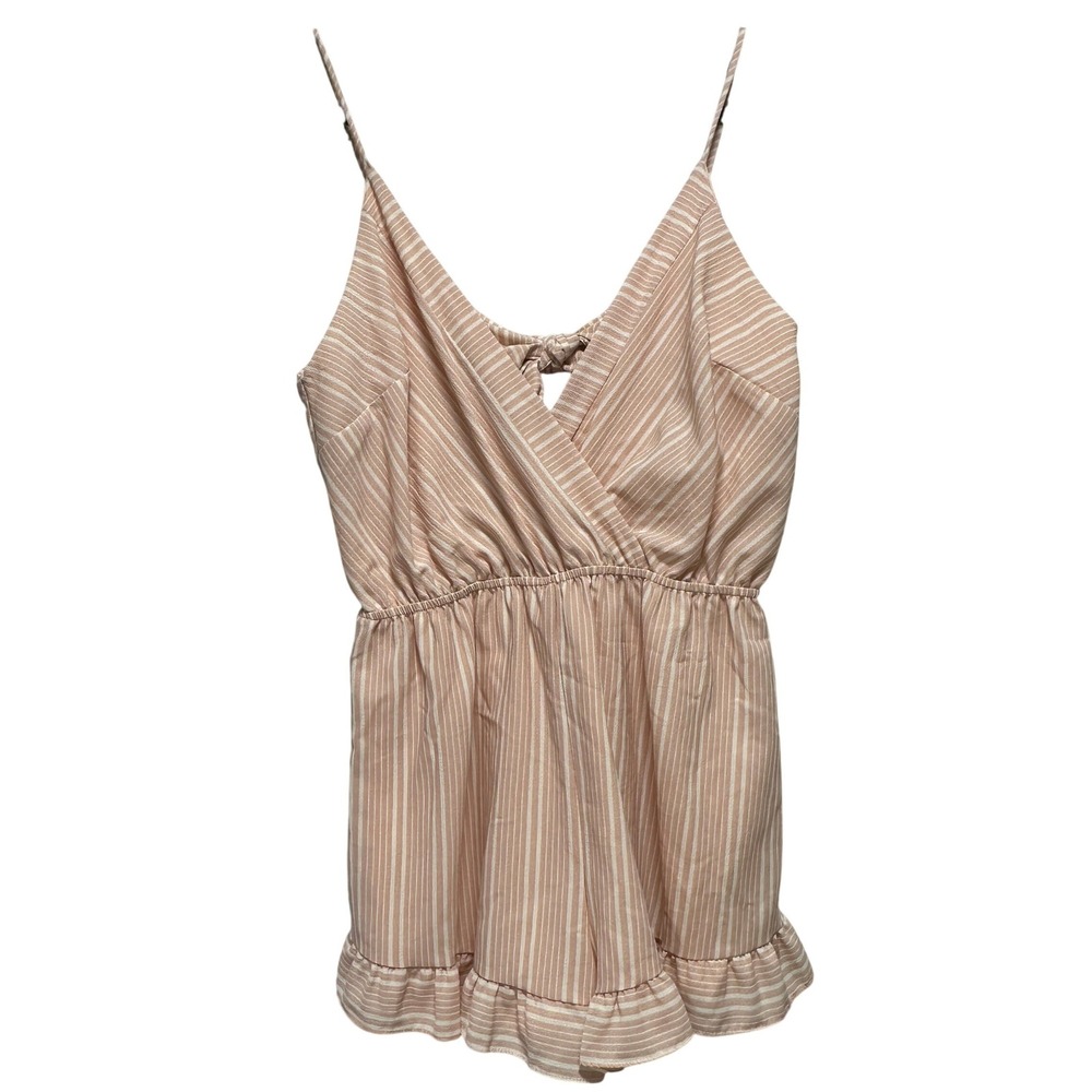 PPLA Mooney Woven Romper Pink Ivory Striped Ruffle Tie Back Size Large NEW USA